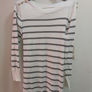 Striped White and Black Sweater Dress with Gold Button Accents